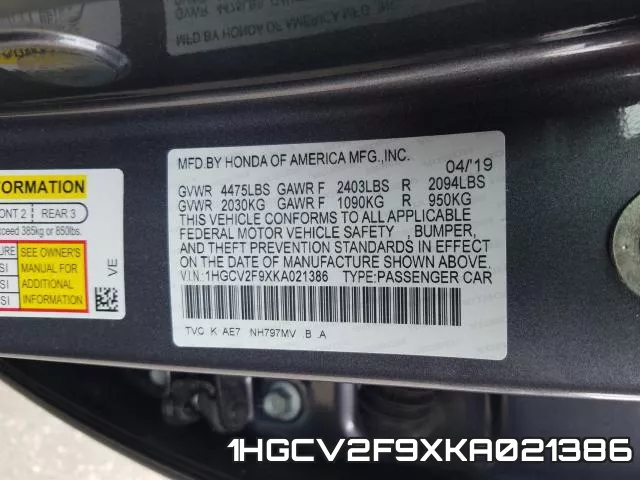 1HGCV2F9XKA021386 фото 2