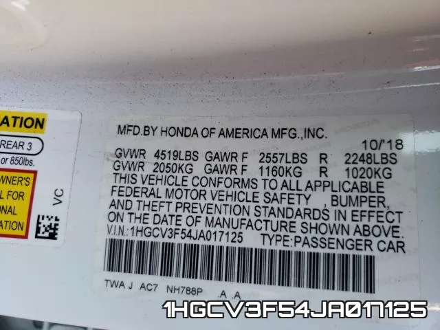 1HGCV3F54JA017125 фото 2
