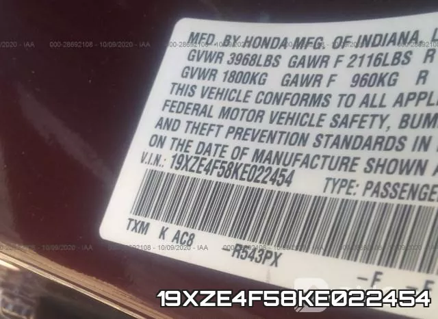 19XZE4F58KE022454 фото 10