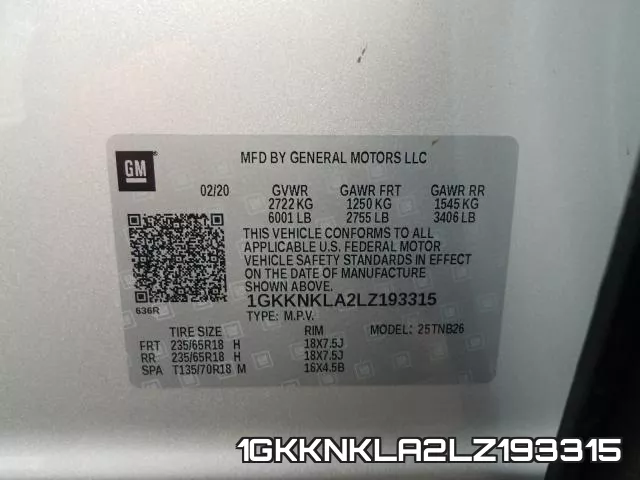 1GKKNKLA2LZ193315 фото 2
