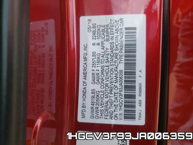 1HGCV3F93JA006359 фото 2