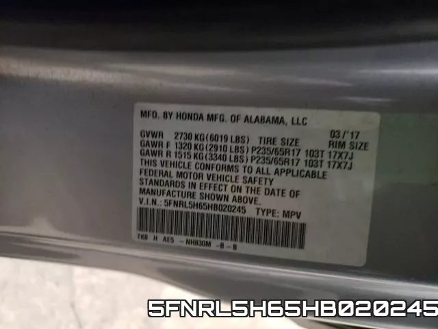 5FNRL5H65HB020245 фото 2