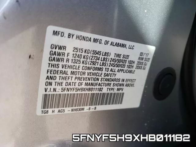 5FNYF5H9XHB011182 фото 2