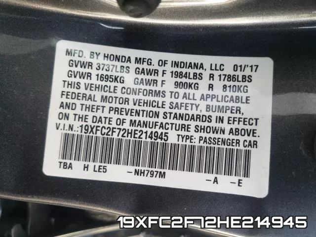 19XFC2F72HE214945 фото 2