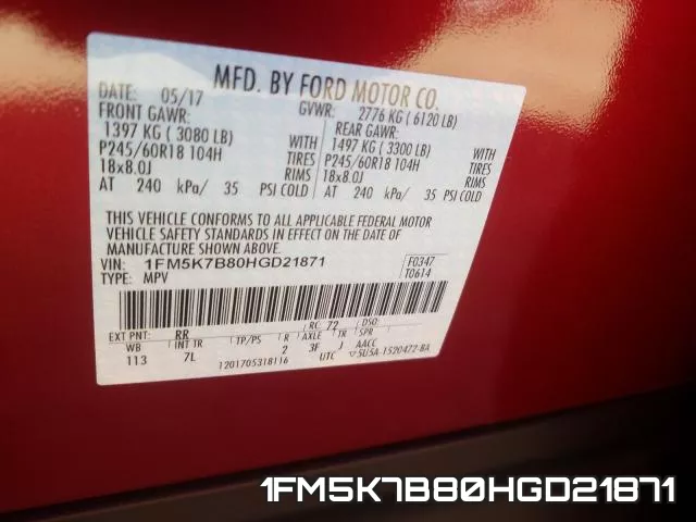 1FM5K7B80HGD21871 фото 2