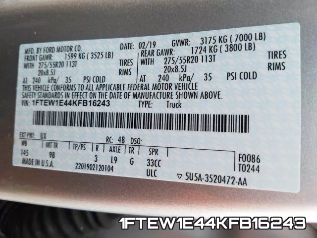 1FTEW1E44KFB16243 фото 2