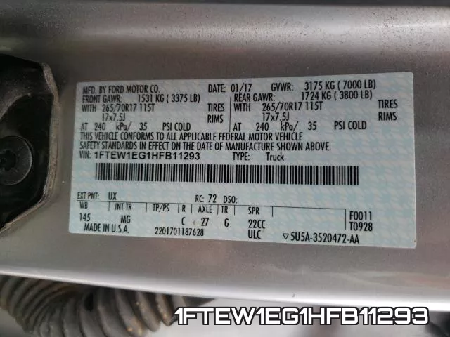 1FTEW1EG1HFB11293 фото 2