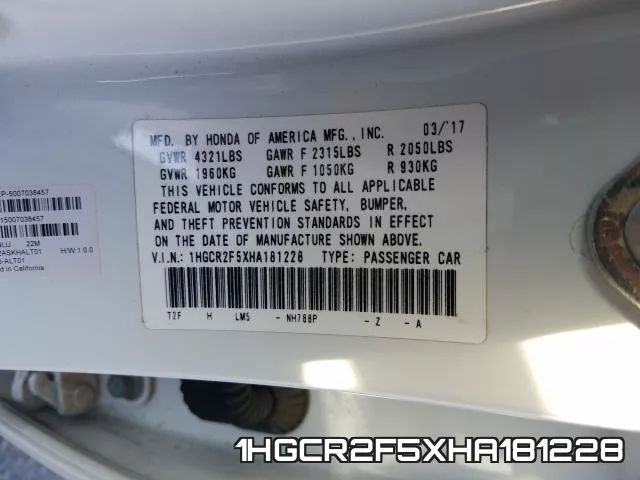 1HGCR2F5XHA181228 фото 2