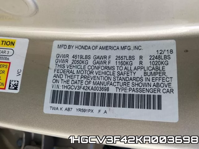 1HGCV3F42KA003698 фото 2