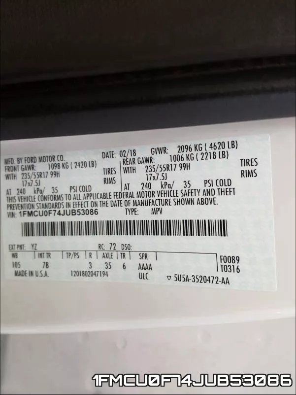 1FMCU0F74JUB53086 фото 2
