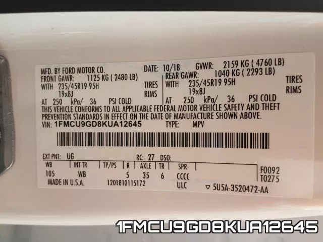 1FMCU9GD8KUA12645 фото 2