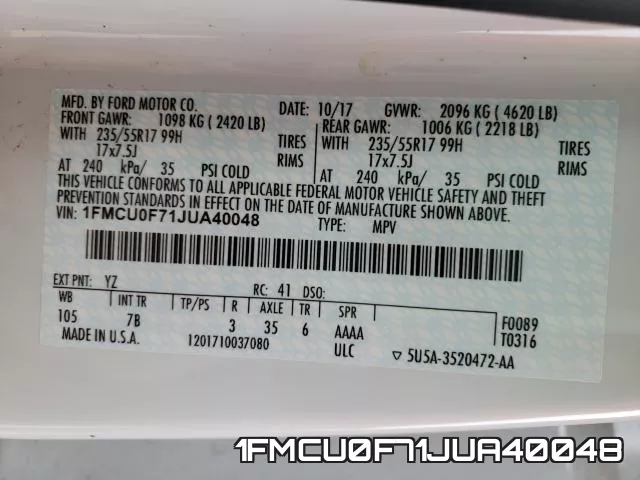 1FMCU0F71JUA40048 фото 2