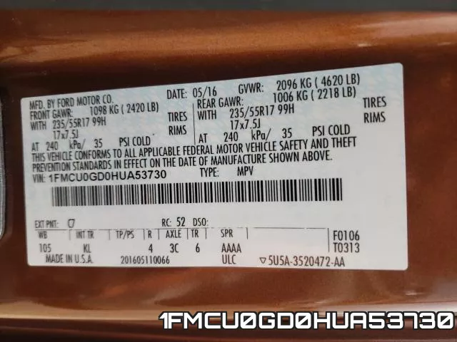1FMCU0GD0HUA53730 фото 2