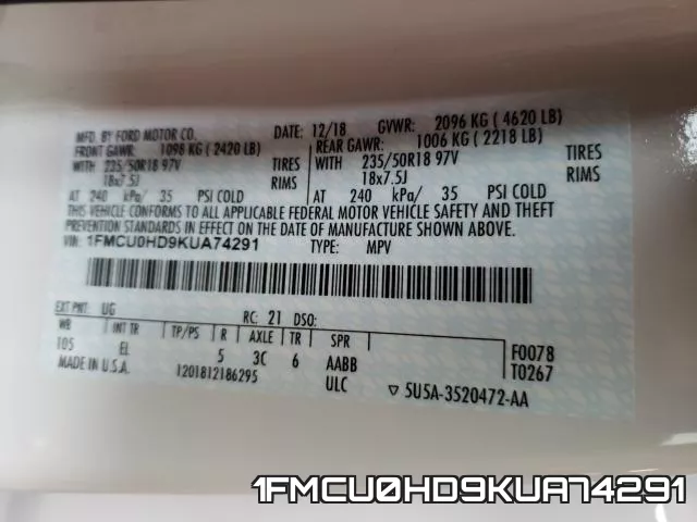 1FMCU0HD9KUA74291 фото 2