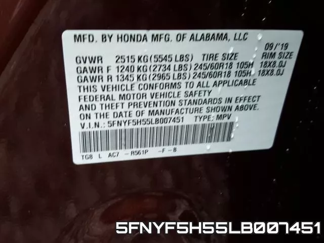 5FNYF5H55LB007451 фото 2