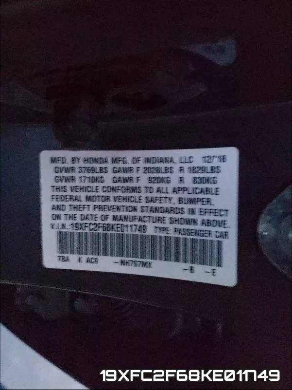 19XFC2F68KE011749 фото 2