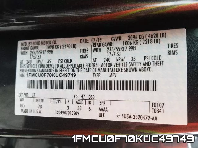 1FMCU0F70KUC49749 фото 2