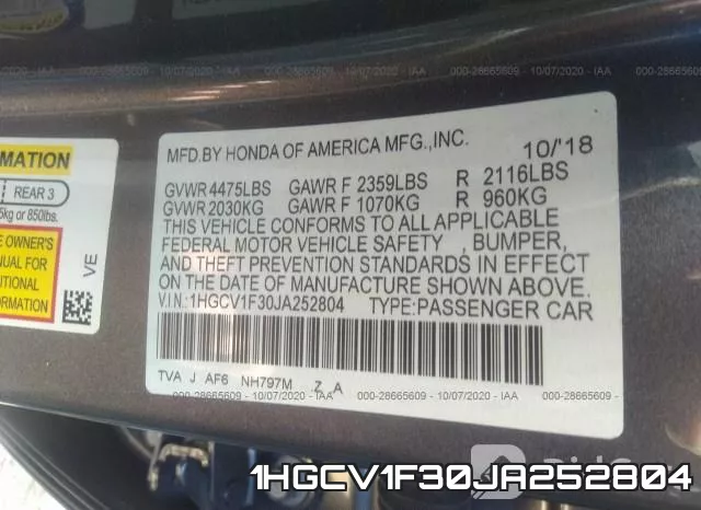 1HGCV1F30JA252804 фото 10