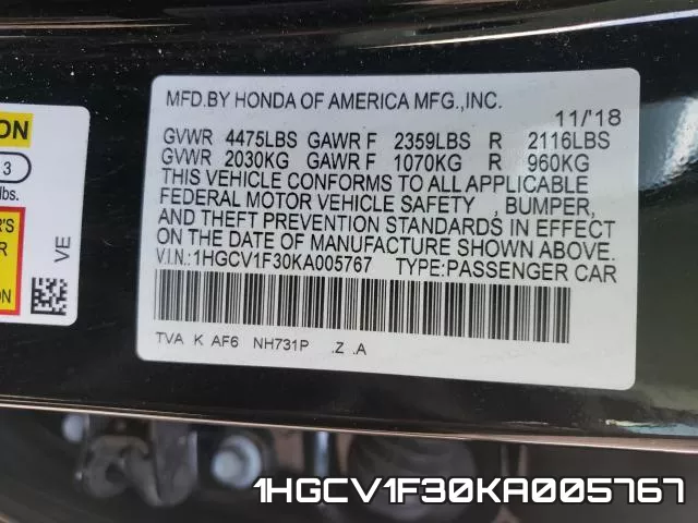 1HGCV1F30KA005767 фото 2