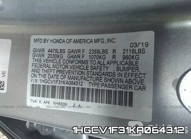 1HGCV1F31KA064312 фото 10