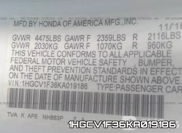 1HGCV1F36KA019186 фото 10