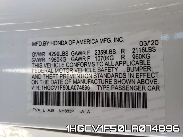 1HGCV1F50LA074896 фото 2