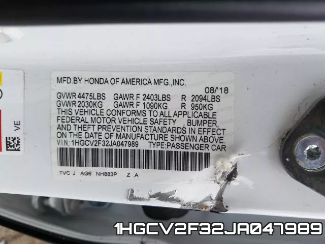 1HGCV2F32JA047989 фото 2
