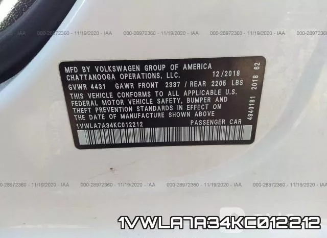 1VWLA7A34KC012212 фото 10