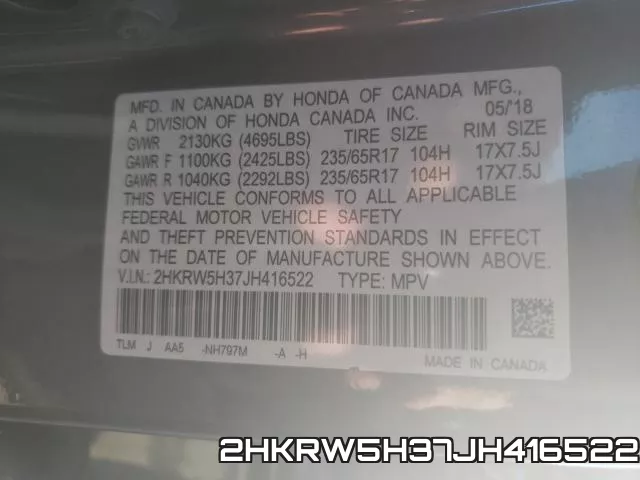 2HKRW5H37JH416522 фото 2