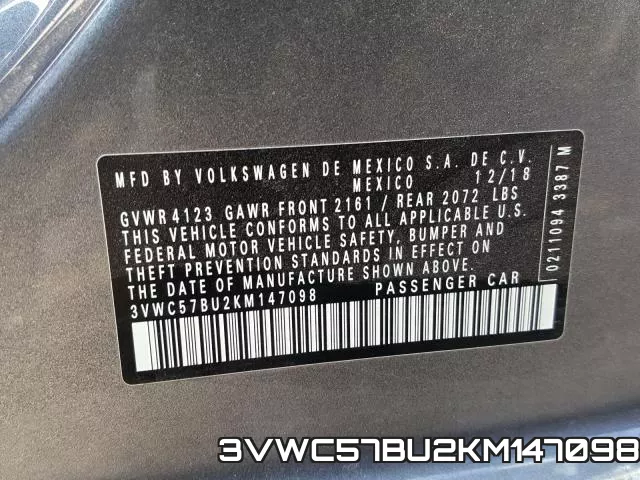 3VWC57BU2KM147098 фото 2