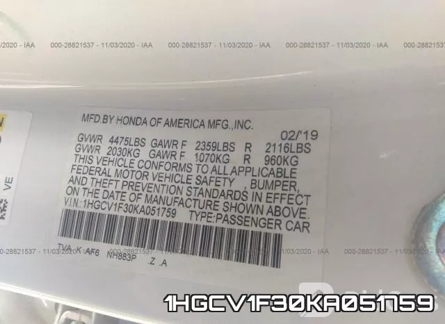 1HGCV1F30KA051759 фото 9