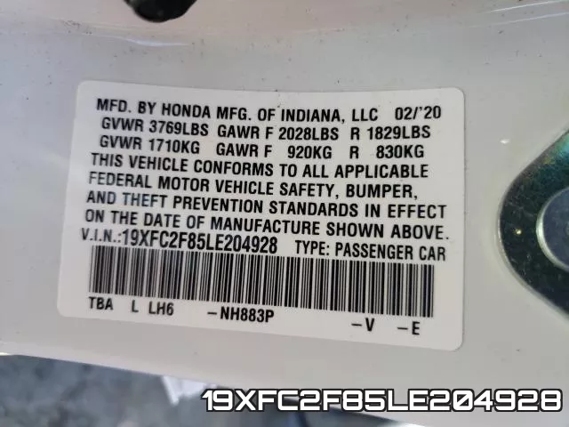 19XFC2F85LE204928 фото 2