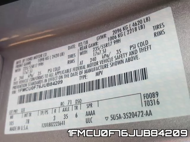 1FMCU0F76JUB84209 фото 2