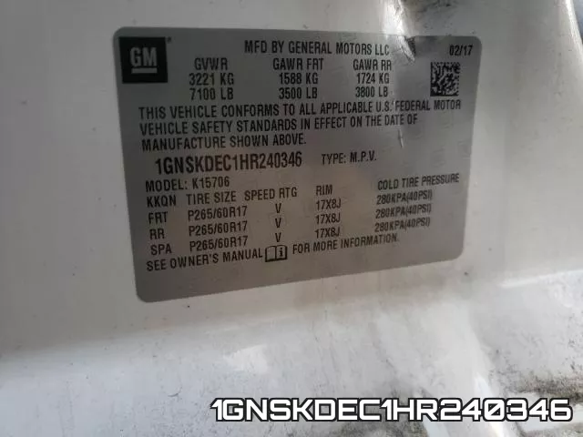 1GNSKDEC1HR240346 фото 2