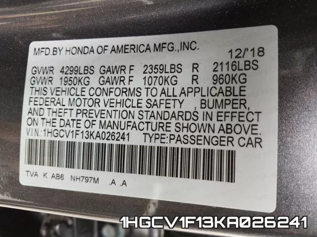 1HGCV1F13KA026241 фото 2