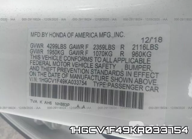1HGCV1F49KA033754 фото 10