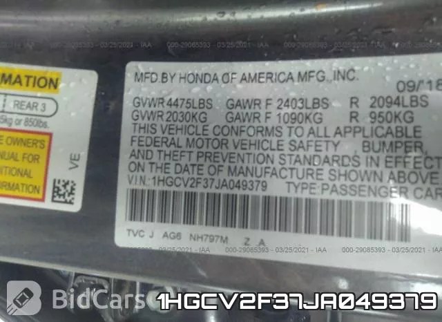 1HGCV2F37JA049379 фото 8