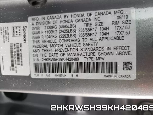 2HKRW5H39KH420489 фото 2
