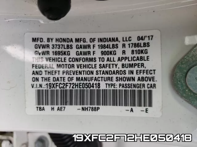 19XFC2F72HE050418 фото 2