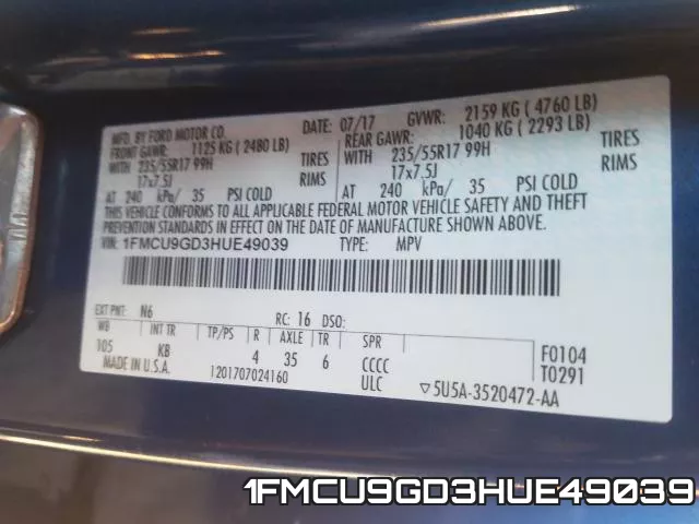 1FMCU9GD3HUE49039 фото 2