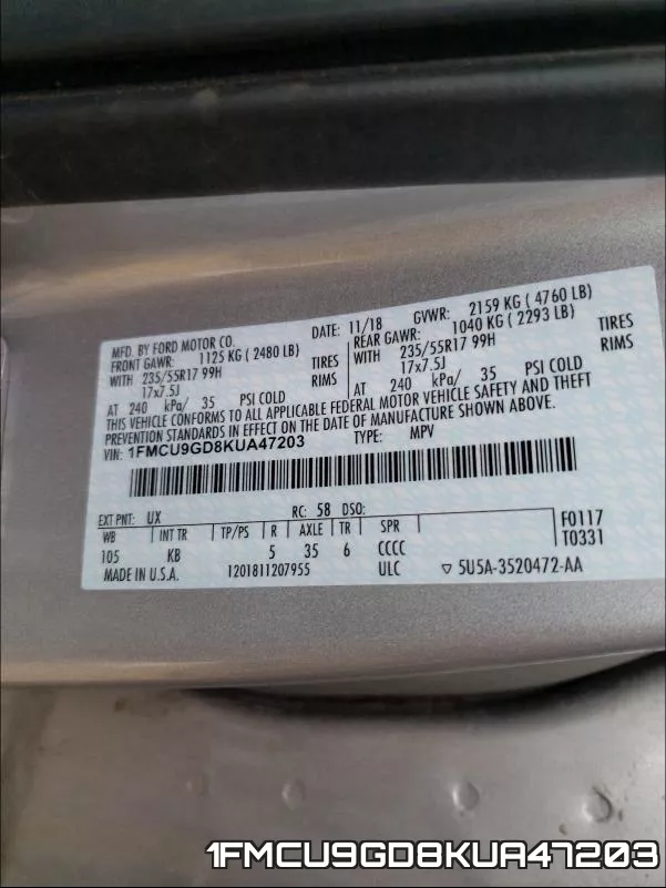 1FMCU9GD8KUA47203 фото 2
