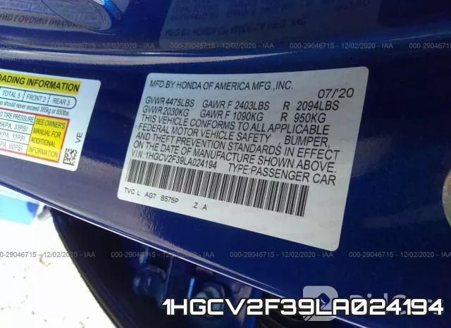 1HGCV2F39LA024194 фото 9