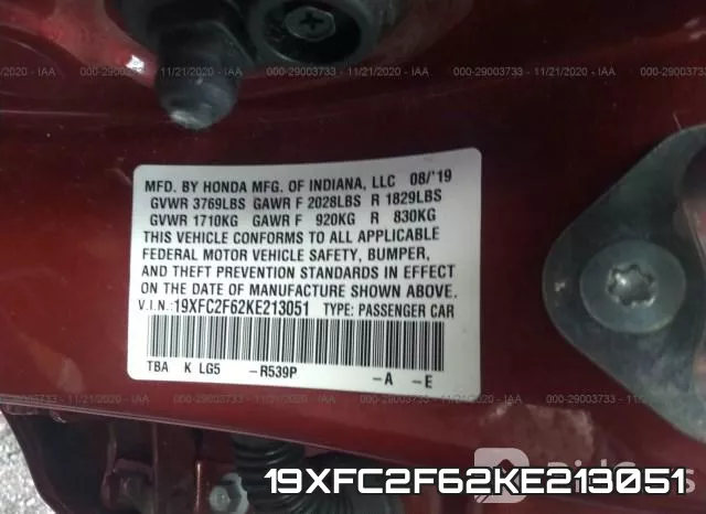19XFC2F62KE213051 фото 8