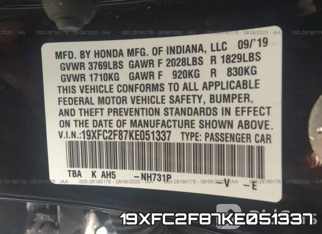 19XFC2F87KE051337 фото 10