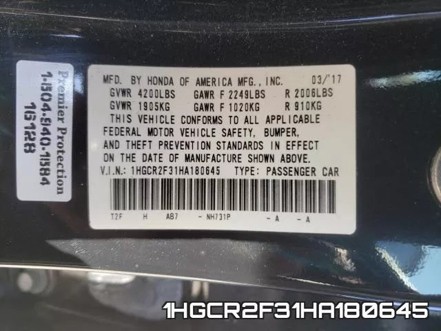 1HGCR2F31HA180645 фото 2