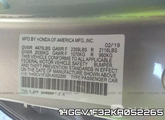 1HGCV1F32KA052265 фото 7