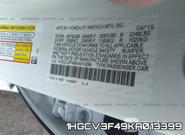 1HGCV3F49KA013399 фото 10