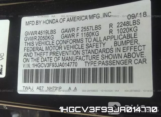 1HGCV3F93JA014770 фото 9