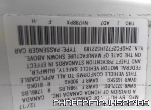 2HGFC2F72JH522189 фото 10