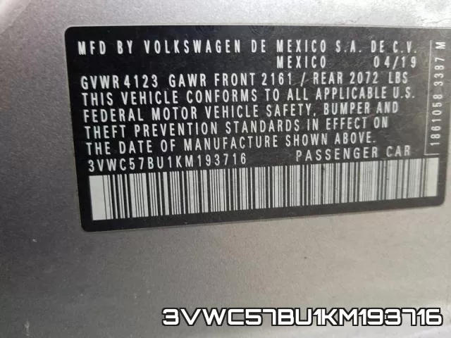 3VWC57BU1KM193716 фото 2